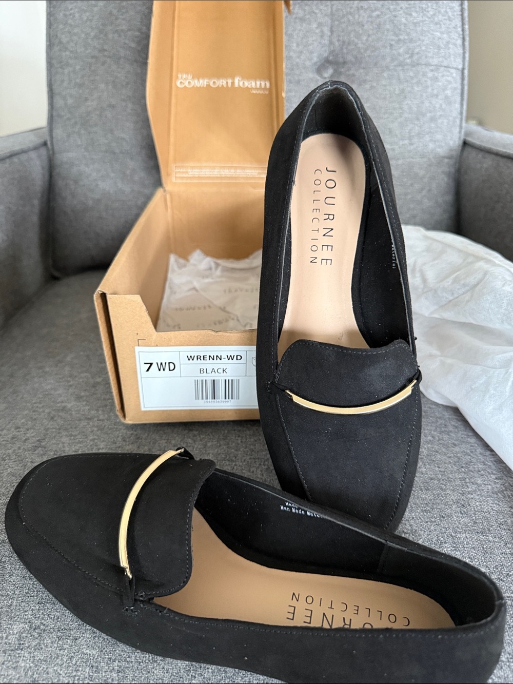 Journee Collection Black Suede Loafers with Gold Accent Bar